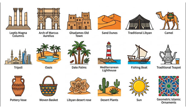 Libya culture and landmarks vector icon set isolated on white background