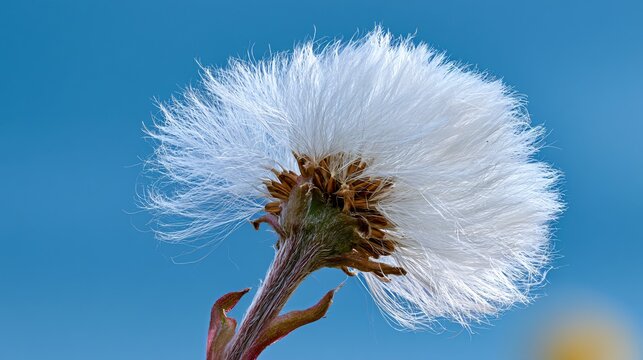 Vibrant Coltsfoot Plant with Fluffy Seed Ball on Blue Background for Botanical Themes