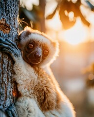Fototapeta premium Diademed sifaka lemur with plush silky fur clinging to a tree trunk in a golden sunlit forest for Madagascar wildlife and conservation themes