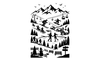 Fototapeta premium Winter Sports Mountain Resort Poster Black Silhouette Vector Illustration
