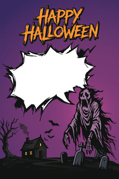 Happy Halloween vertical poster have ghost with blank speech bubble and graveyard on violet sky background