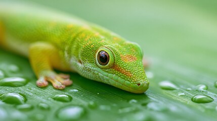 Fototapeta premium Vibrant Day Gecko Phelsuma on Green Surface Close-Up Macro Minimalist