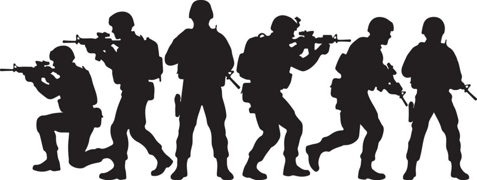 Military soldiers, army men, combat silhouettes, black icons, tactical team, 6 soldiers