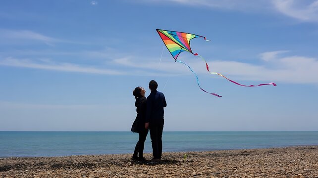 Couple Flying Colorful Kite on Beach at Sunset Outdoor Recreation Love and Freedom Lifestyle