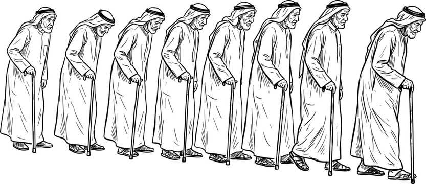 Old arab man walking with a wooden cane in a sequence of movement showing the progress of his steps in a traditional long robe
