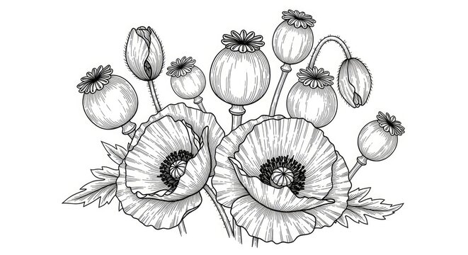 Botanical poppy flowers and seed pods line art.