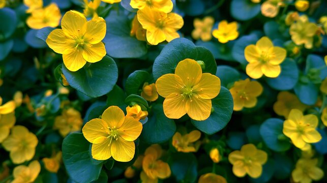 Vibrant Golden Creeping Jenny Lysimachia Nummularia Yellow Flowers Close Up