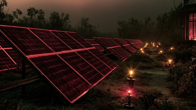 Rows of solar panels glowing with red light in a moody field for renewable energy concepts, alternative power advertising and clean infrastructure storytelling