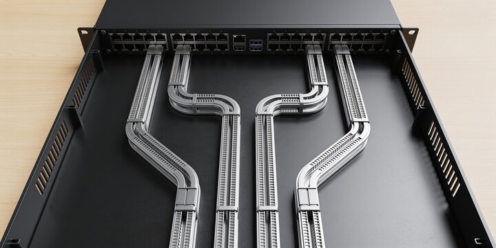 Enterprise Access Network Routing Module with Organized Metallic Cable Channels, Generic Network Switch and Dark Tabletop Background