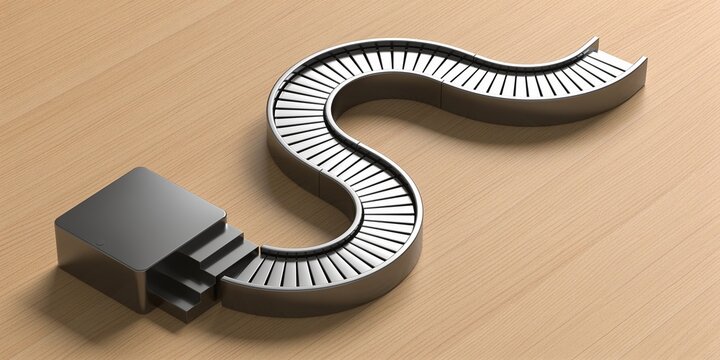 Curved metallic workflow path with stepped entry and roller conveyor layout, minimalist three dimensional business process illustration with wide copy space