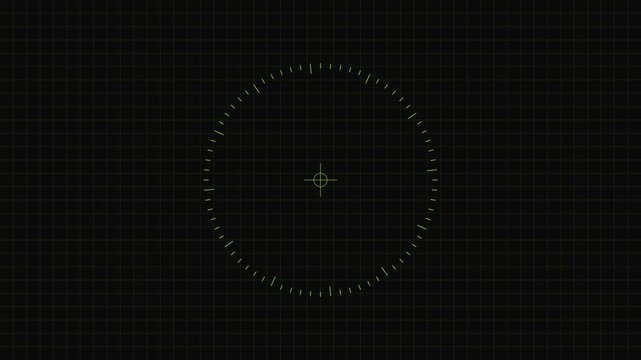 Digital hud target reticle overlay with green circular scan lines on dark grid animation 4k background