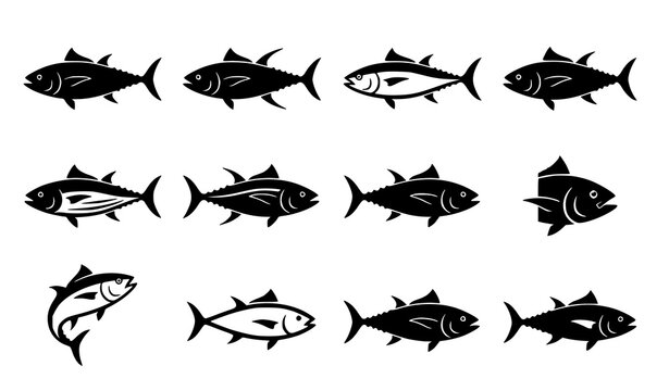 Tuna silhouette icon set featuring ocean fish seafood and marine wildlife vector collection