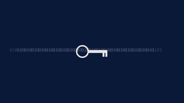 Digital security concept with binary code and unlocking key on dark blue animation 4k background, data protection