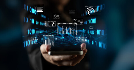 Obraz premium Big data and analytics support real-time insights, predictive modeling, and data-driven decisions for business intelligence and growth. Latch