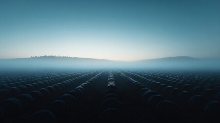 Fototapeta premium receding. A vast array of identical shields receding into mist at dawn. event programs, museum guides, designed for cultural heritage projects and event programs.