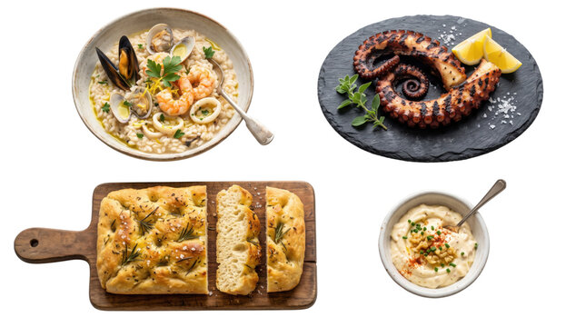 Seafood dishes, octopus, shrimp pasta, bread board, tzatziki sauce, Mediterranean cuisine