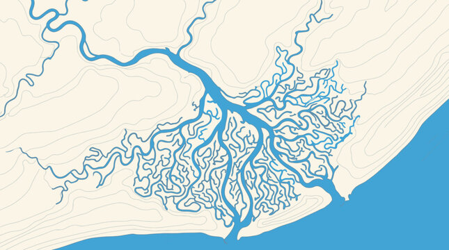 Illustration of a river delta flowing into the ocean.