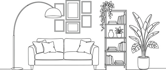Minimalist living room scene line art with sofa lamp bookshelf and picture frames for interior design illustration © Rakib
