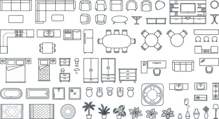 Minimalist furniture top view blueprint icons set for interior design floor plan architecture layout and home planning © Rakib