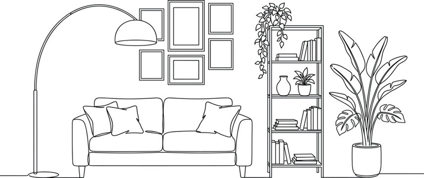 Minimalist living room scene line art with sofa lamp bookshelf and picture frames for interior design illustration