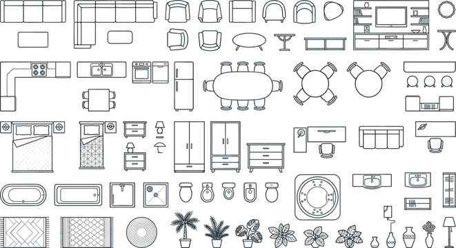 Minimalist furniture top view blueprint icons set for interior design floor plan architecture layout and home planning