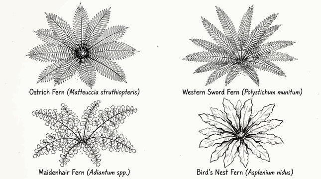 Botanical illustration of various fern species with scientific names.