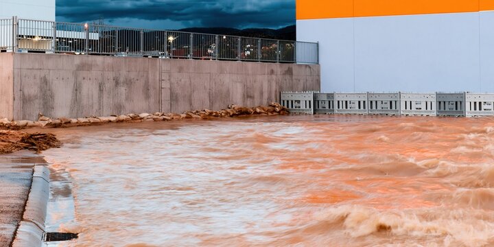 Temporary flood barrier system protecting a building against rising muddy water on a city street, featuring weathered textures for climate resilience and disaster relief messaging