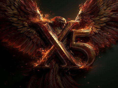 Centered, ultra-detailed X5 logo, fiery golden typography X, V, spreading phoenix wings, red-orange palette, epic fantasy atmosphere, dark background, 8K, realistic eagle, lifelike fe - AI-Generated