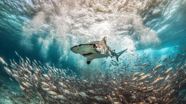 Majestic Shark Swimming Through School of Fish in Crystal Clear Ocean Waters Under Sunlit Surface