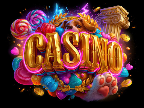 Vibrant casino logo with golden 3D letters, candy elements, Greek Olympus details, anthropomorphic dog, flying coins, energetic atmosphere, fantasy style, high quality, design, b - AI-Generated