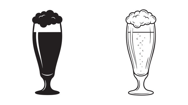 black vector bundle icon of a tall glass of beer with foam
