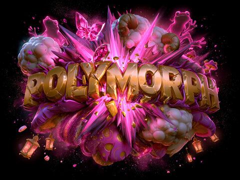 Bold, vibrant digital artwork featuring a stylized, golden 3D word POLYMORPH surrounded by neon colors, glowing elements, and fantasy details The design suggests energy, transformati - AI-Generated