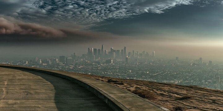 Empty concrete ledge overlooking a hazy industrial skyline with harsh sun glare and heat shimmer for urban climate change and environmental campaigns