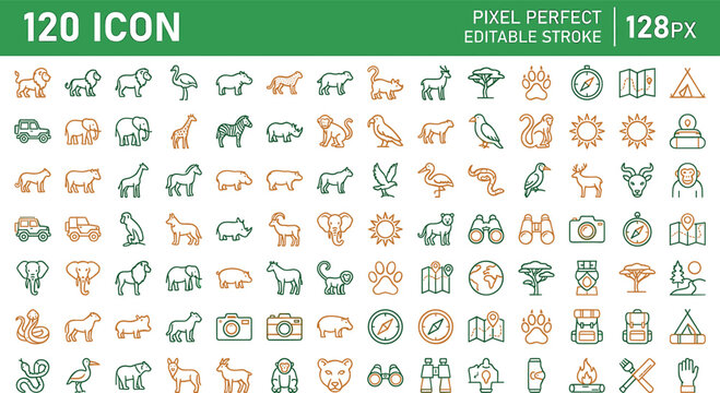 African safari wildlife and adventure camping line icons set featuring savanna wild animals elephants lions giraffes exploration gear and travel vector graphics.
