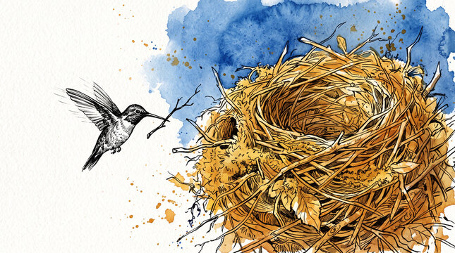 Amber cobalt watercolor ink tiny bird building grand nest, representing small business grand vision with limited resources, ambitious building and entrepreneurial scale concept