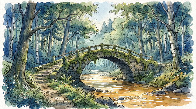 Blue sage green watercolor ink mossy stone bridge in forest, representing small business built to last, steady path, enduring quality and patient construction concept