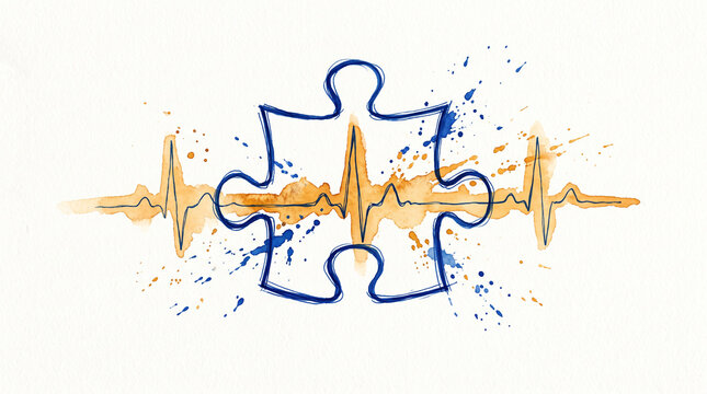 Blue amber watercolor ink puzzle piece with heartbeat line, representing HR as living pulse of organization, human element in systems, people first and vital workforce concept