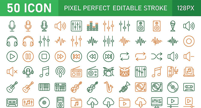 Audio sound engineering music production and musical instruments pixel perfect linear icons set for media player podcast radio studio interface,