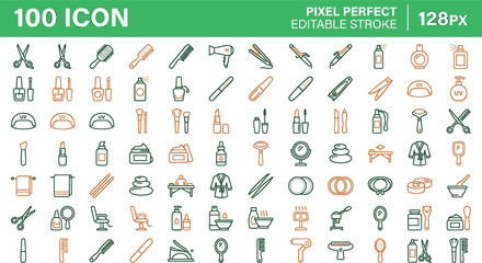 Obraz premium Beauty salon hair styling cosmetics makeup products manicure pedicure spa wellness and grooming vector outline icons set