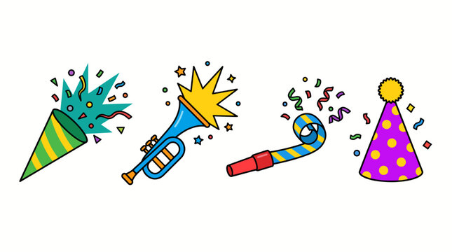 Set of colorful party celebration items including confetti popper horn blower and hat.