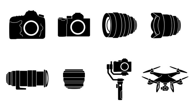 Set of black silhouette icons representing photography and videography equipment.