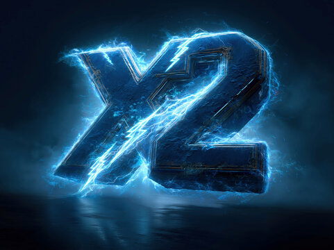 Detailed X2 logo, electric blue typography, twin lightning bolts, futuristic casino atmosphere, neon glow, 3D effect, dark background, energetic plasma effects, dramatic contrast - AI-Generated
