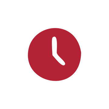A minimalist illustration of a red clock icon on a white background