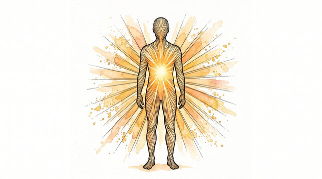 Amber watercolor ink paper-cut human with sunrays inside, representing mental health unextinguishable inner light, personal radiance, self worth and light within concept