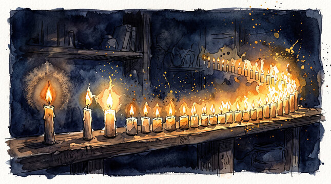 Amber indigo watercolor ink chain of candles lighting each other, representing small business knowledge sharing, exponential multiplication, mentoring and community teaching concept