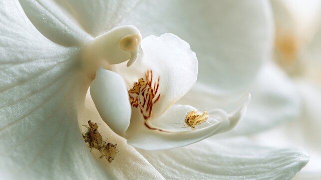 Elegant White Orchid Petals Infested with Scale Insects Macro Close-Up Soft Color