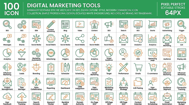 Digital marketing tools online advertising analytics seo strategy social media and business campaign outline icons set