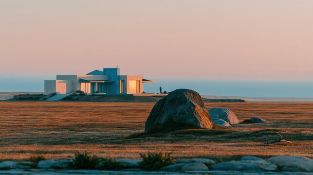 Modern minimalist house on a vast grassy plain at sunset with a dramatic coral sky for real estate and solitude concepts