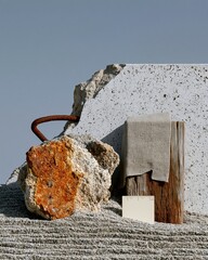Fototapeta premium A fractured concrete seawall fragment and rusted rebar on sand, showing weathered textures and hurricane damage for coastal erosion research
