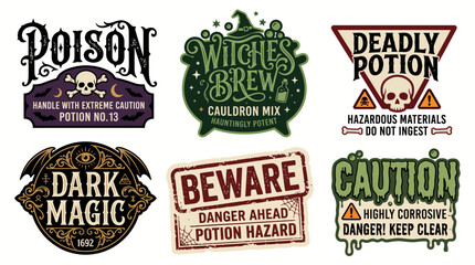 Obraz premium Set of six vintage style Halloween poison and magic potion labels.